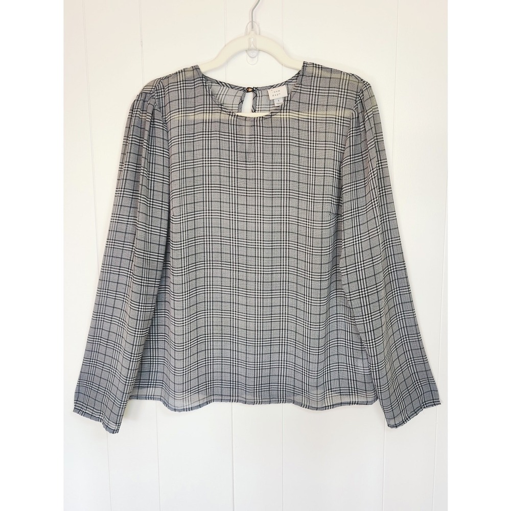 A New Day Plaid Crew Neck Blouse Quiet‎ Luxury Black White Long Sleeve